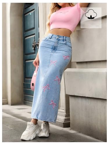 WDIRARA Women's Bow Embroidery Bodycon Denim Skirt High Waisted Split Back Long Jean Skirts4