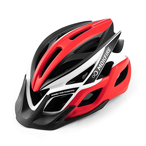 MOKFIRE Adult Bike Helmets with Rechargeable USB Light, Bicycle Helmet Men Women, Road Cycling & Mountain Biking Helmet with Removable Visor and Lining, 22.05-24.41 Inches (Red)