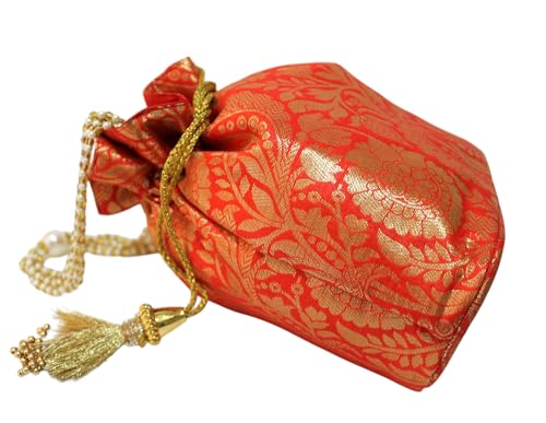 Image of MILAN'S CREATION Banarasi Silk Brocade Potli Bag Purse With Base Drawstring Women's handbag with Pearl Handle & Tassel Weddings