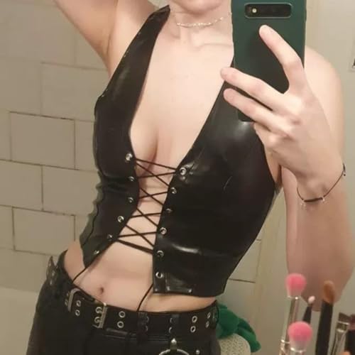 Women's Sexy PU Leather Crop Tank Tops Halter Lace Up Camisole Vest Criss Cross Eyelet Cropped Faux Leather Camisole2