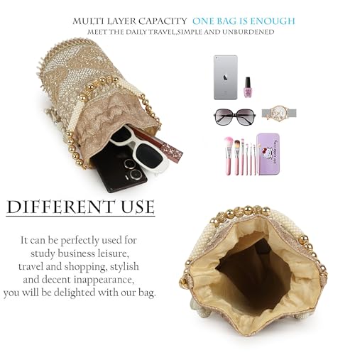 Image of Nevis Silk Fabric Luxury Pearl Embroidered Potli Bag for Women | Bridal Ethnic Drawstring Clutch with Beaded Handle Wedding | Potli Bag