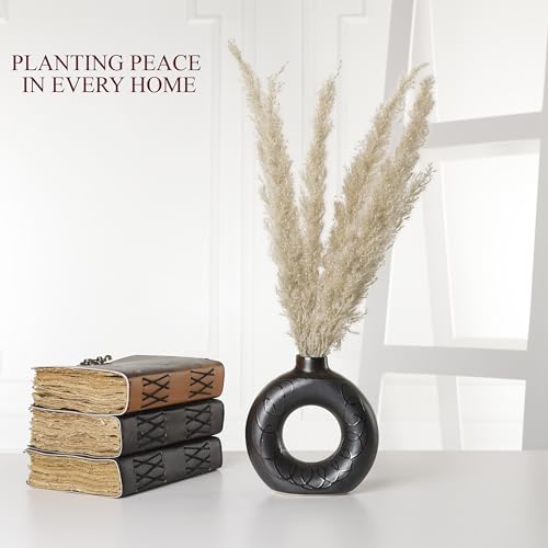 Image of BENAVJI Black Ceramic Donut 6 Inch Modern Flower Vase for Pampas Grass, Dried Flowers, Home & Office Decor, Centerpiece, Handcrafted Gift Vase Only