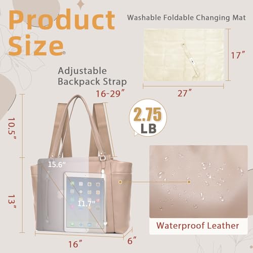 Image of miss fong Diaper Bag Tote Leather Diaper Bag Backpack, Large Capacity Mommy Bag Hospital Bag, 12 Pockets Travel Diaper Tote with Changing Pad Panaleras Para Bebe for Moms & Dad-Khaki