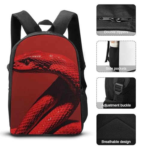 3 Piece Backpack for Women Men Lightweight Causal Daypack Shoulder Bag Set with Insulated Lunch Bag And Pencil Case Organizers Curly Red Snake3