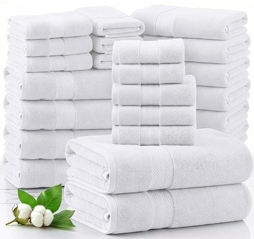 LANE LINEN 100% Cotton Bathroom Towel Set of 24 piece - 4 Bath 4 Fingertip 6 Hand 8 Washcloths 2 Bath Sheets - Soft Durable & Absorbent - Hotel & Spa-Quality Design - White Towels