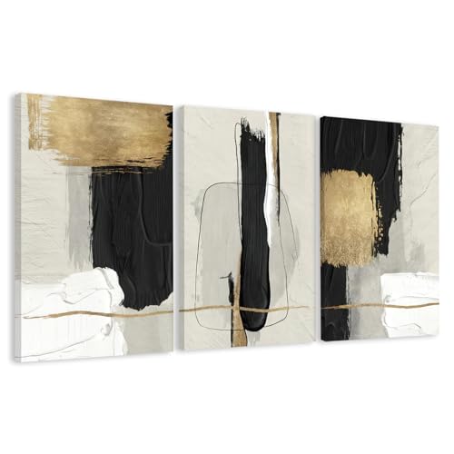 Image of DUWQU Abstract Brushstrokes Canvas Wall Art Black White Gold 16x24 inch x3 | Wooden frame, UV-resistant ink, Giclee printing process, Pre-installed hooks make it easy to hang home or office wall decor
