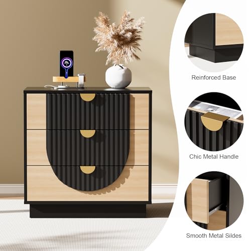 Image of 3 Drawer Nightstand with Charging Station, 28 inch Fluted Night Stand & Modern Bedside Table, Wood End Table Storage Cabinet for Bedroom Hallway, Entryway, Black Set of 2
