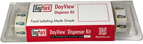 Daymark days of the week labels with dispenser 19mm x 19mm square Labels DuraMark all 7 days included 1000 labels per roll. food rotational labeling, food labels