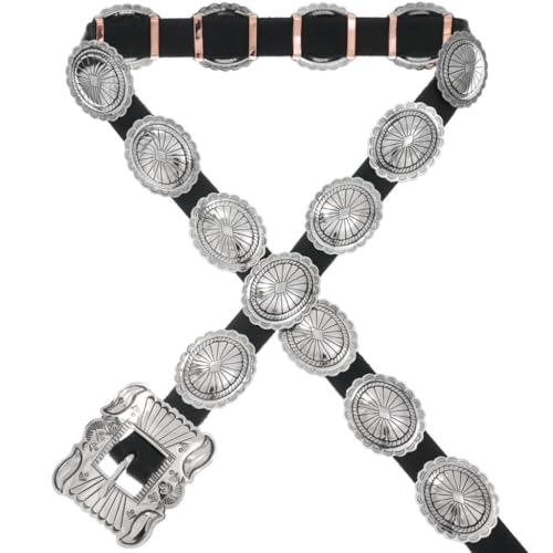 Native American Silver Concho Belt Traditional Navajo Hammered Patterns on Genuine Leather 1323