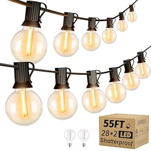 Outdoor String Lights, 55FT Shatterproof LED Patio Lights With 30 Dimmable Plastic G40 Bulbs, 2200K Waterproof Hanging String, Connectable Outside for Backyard, Cafe, Porch, Deck, E12 Base