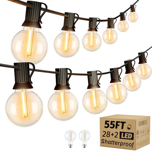 Outdoor String Lights, 55FT Shatterproof LED Patio Lights With 30 Dimmable Plastic G40 Bulbs, 2200K Waterproof Hanging String, Connectable Outside for Backyard, Cafe, Porch, Deck, E12 Base