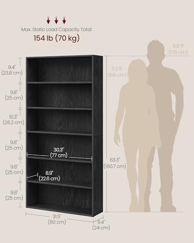 Image of VASAGLE CUSTOS Collection - Bookshelf, 6-Tier Bookcase, Book Shelf, Open Storage Shelf, 9.4 x 31.5 x 63.3 Inches, for Living Room, Home Office, Dining Room, Ebony Black ULBC412B01