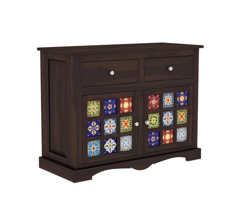 Image of Sheesham Wood Sideboard Cabinet for Living Room - Solid Wooden Storage Cabinet with 2 Drawers & 4 Shelves - Multipurpose Sideboard for Bedroom Dining & Home Furniture (Jack)