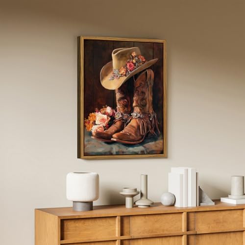 Image of Western Cowgirl Boots Wall Art Rustic Cowboy Hat and Leather Boots Floral Framed Painting Country Farmhouse Western Decor for Living Room Bedroom Aesthetic Canvas Artwork Home Decorations 16x24