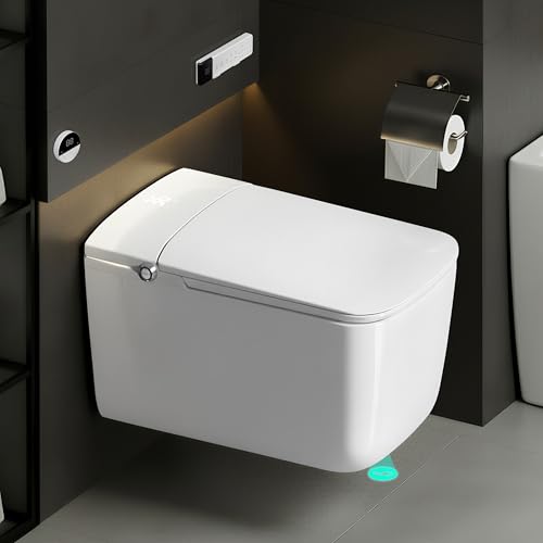 Image of Plantex Ceramic Wall Hung Smart Toilet with Foot Sensor with 1-Year Warranty /Smart LED Light /Siphonic Auto Flush /Fast Drying Tech /Water & Seat Temperature Control P-Trap Design (White)