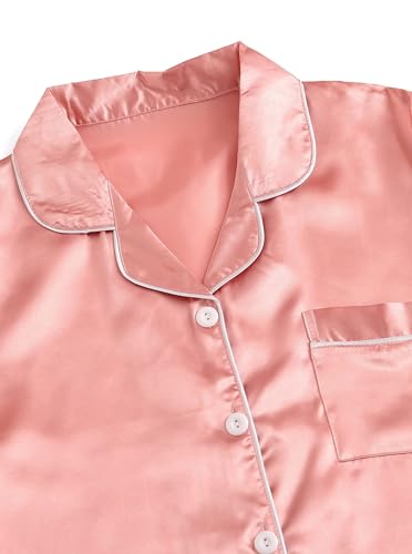 Image of Remidoo Women's Causal Short Sleeve Button Down Satin 2 Piece Pajama Set Sleepwear Loungewear Pink X-Small
