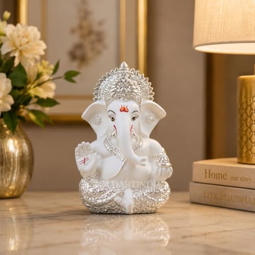 Image of Gold Art India Ganesha Idol 999 Silver Plated White Finish Lord Ganesh Murti for Home Decor, Car Dashboard, Mandir & Office | Premium Ganesh Statue for Diwali, Wedding & Spiritual Gift | 3.5 Inch