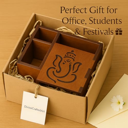 Image of DivineCraftedArt Handcrafted Wooden Pen Holder & Mobile Stand | Desk Organizer for Office, Home & Study Table | Pen Pencil Stand with Card Holder (6.75x3.75x2.5 Inch) (Blessing Ganesha)