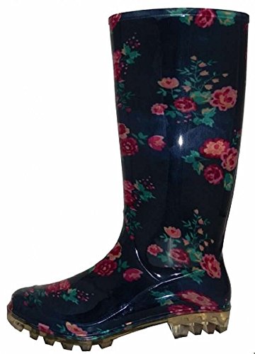 Shoes8teen Womens Basic Rain Boots Navy Mini Rose 9
