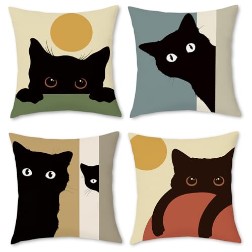 BREASOME Housse de Coussin 45x45 cm, Lot de 4 Housses de Coussin Motif de Chat Noir Taie d'oreiller Décorative Carrée pour Canapé Maison Salon Chambre à Coucher