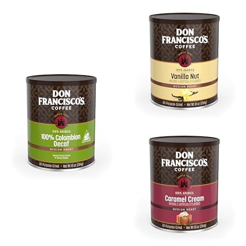 Don Francisco’s Ground Coffee Bundle – Decaf Colombia Supremo, Vanilla Nut & Caramel Cream, 100% Arabica, Medium Roast, Smooth & Sweet Gourmet Coffee, 10 oz Cans (Pack of 3)