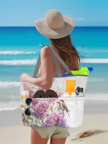 Beach Bags Women Mesh Tote Bag Farmhouse Lavender Sparrow Leaf Toy Grocery Pool Bag with Pockets for Travel/Picnic/Shower3