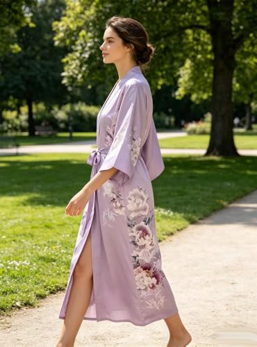 Image of Women's Classic 100% Silk Kimono Robe, Bathrobe-Printed Pattern