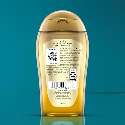 OGX Renewing + Argan Oil of Morocco, Cold-Pressed Argan Oil for Hair Penetrating Treatment & Shine, Moisturizing & Strengthening Silky Oil for All Hair Types, Paraben & Sulfate Free, 3.3 fl oz