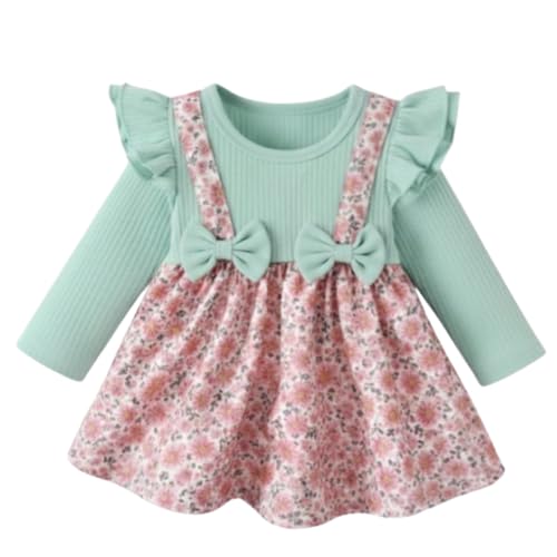 Image of A.T.U.N. (ALL THINGS UBER NICE) Baby Girls Poly Silk Printed Dress with Bow Strap Detailing & Ruffle Sleeve Design | Soft Feel Long Sleeve Party Frock | Elegant Winter Occasion Dress for Kids