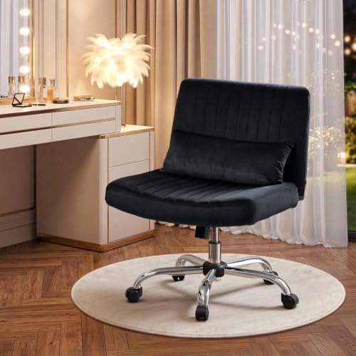 Image of Velvet Criss Cross Desk Chair with Wheels, Luxury Cross Legged Office Office, Swivel Wide Seat Vanity Chair, Armless Adjustable Height Gaming Chair Gift, Dusty (1, Deep Black)
