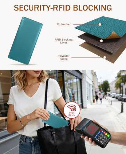 Image of Immaturus Womens Wallet, Blue Slim Thin RFID Blocking Card Wallets, Bifold PU Leather Credit Card Holder Organizer, Cute Cash Clutch Long Billfold with Zipper Coin Pocket Ladies Girls Gift