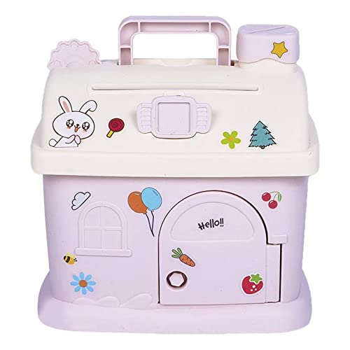 WISHKEY House Shaped Kids Piggy Bank with Lock & Key, Coin and Cash Saving Box, DIY Stickers, Portable Handle, Durable ABS Plastic Gift for Boys & Gir