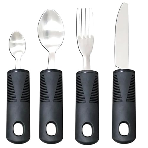 Wjelet 4Pcs Large Wide Handled Easy Grip Cutlery Set Cutlery for Arthritic Hands Anti-Shake Spoon & Fork Disability Flawless Dining Aid(Black-Straight Handle)