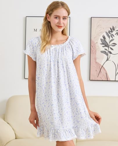 Image of Nanxson Women's Cotton Nightgown Short Sleeve Sleepwear Vintage Nightshirt | Summer Victorian Sleepdress,White Sleepshirt,U Neck Lace Loungewear,Soft Nightshirt,Loose Loungedress,Bride Nightwear
