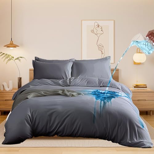 Chunlei Waterproof Duvet Cover Queen Size 3-Piece Set 90x90 Inch Breathable Bedding Protector Ultra Soft Comforter Cover with Zipper Includes 2 Pillow Shams (Comforter Not Included) Gray