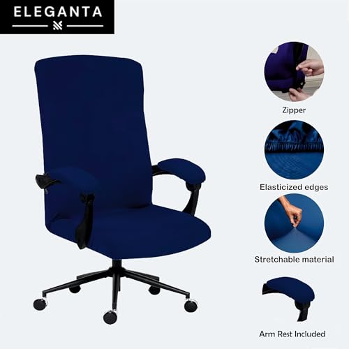 Image of Eleganta Stretch Boss Office Chair Cover Printed Computer Chair Covers with Armrest Cover Universal Removable Spandex Rotating Chair Slipcovers Soft Desk Chair Seat Protector Navy Blue (Pack of 2)