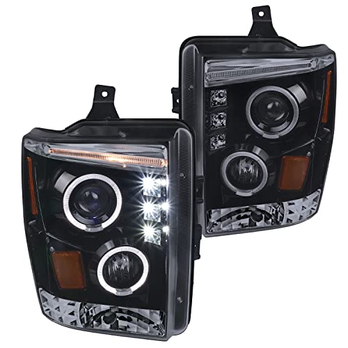 Spec-D Tuning Led Glossy Black Projector Dual Halo Headlights Compatible with Ford F250 F350 F450 Super Duty 2008-2010 L+R Pair Head Light Lamp Assembly