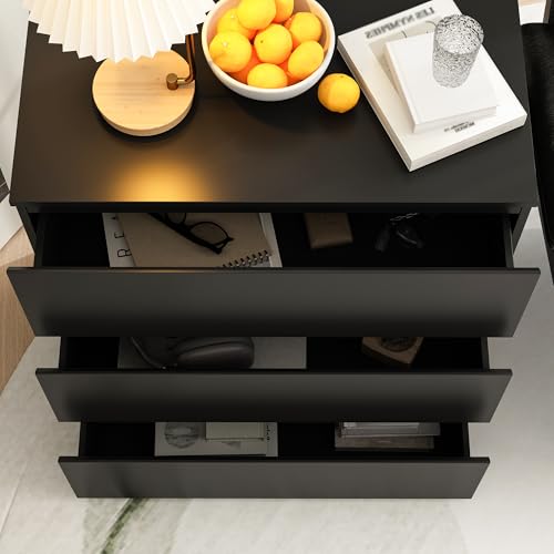 Image of Nightstand with 3 Drawers, Modern Bedroom End Table with No Handle, Wooden Bedside Storage Cabinet, Black 30.3 inch W x 32.3 inch H