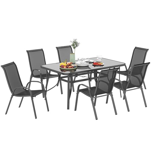 Outsunny Conjunto de Mesa y Sillas Jardín de 7 Piezas, Muebles de Jardín Exterior con Mesa y 6 Sillas para Terraza con Orificio para Sombrilla y Encimera de Cristal, para Terraza Patio, Gris Oscuro