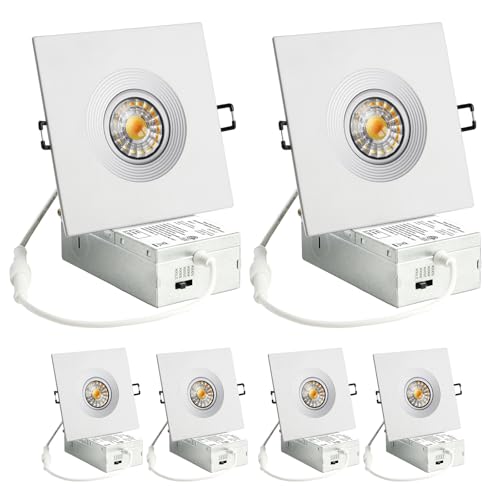 Image of 4 Inch 6 Pack Square Recessed Lighting, 8W 5CCT Adjustable Canless Wafer Downlight, 360 Rotatable and 30 Tiltable LED Eyeball Lights, 4 Inch 6 Pack White