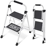 Kingrack Escabeau pliable à 2 marches avec pédale antidérapante et large, petite échelle avec poignée, échelle en acier robuste, échelle légère et portable, blanc
