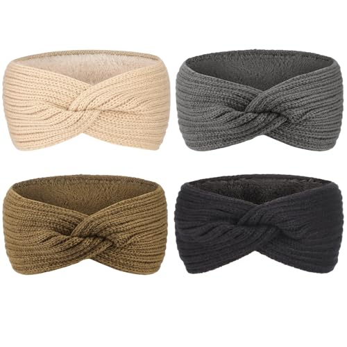 DRESHOW Femmes Chaud Tricoté Bandeau Hiver Oreille Plus Chaud Crochet Tête Enveloppe épais Polaire Doublure Cheveux Bandes, Taille unique, 4pcs Cross Style Set-A01UK