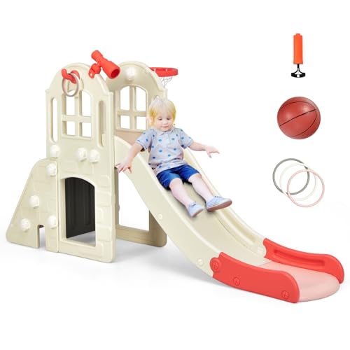 DREAMADE Toboggan Enfants 6 en 1 Panier de Basket Escalade Tunnel Lancer d'Anneaux Télescopique Decoratif, Toboggan Extérieur et Intérieur en HDPE pour 3-8 Ans, Balle Souffleur Inclus (Rose)