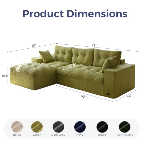 Image of MAXYOYO 96 inch L Shaped Modular Sectional Sofa with Ottoman, Cloud Boneless Couch with Layered Cushion, Upholstered Sofa in a Box, Flexible Module Combination for Living Room, No Assembly, Green