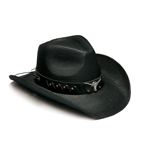 Image of YOUBADU Western Straw Cowboy and Cowgirl Hats with Decorative Bands - Unisex Wide Brim Raffia Style Sun Hat