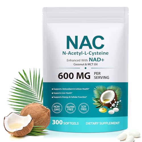 Image of NAC Supplement 600mg, 300 Softgels NAC with NAD+ & MCT Oil N-Acetyl Cysteine Supplement with Coconut Oil, for Antioxidant Support, Non-GMO, Gluten Free
