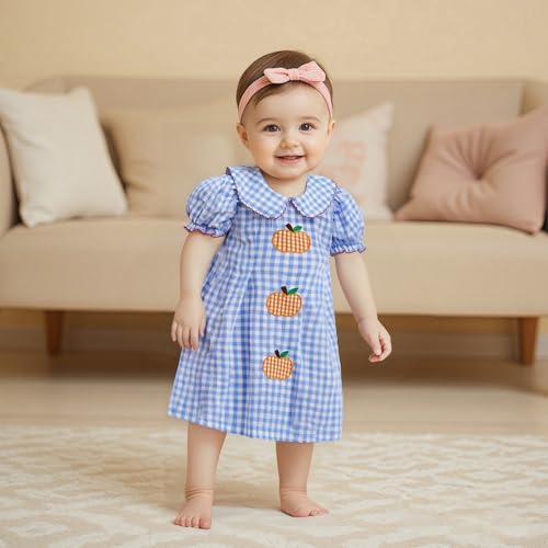 Toddler Baby Girls Dress Letter Apple Embroidery Plaid Doll Collar Short Sleeve Casual Dress Kid Summer Clothes 1-7Y3