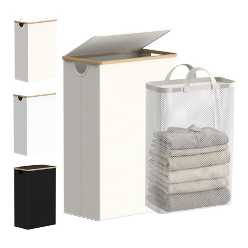 efluky Slim Laundry Basket with Lid, Tall Narrow Washing Basket for Laundry, Folding Small Slimline Laundry Baskets for Dirty Clothes, 63L Cloth Storage Basket Beige