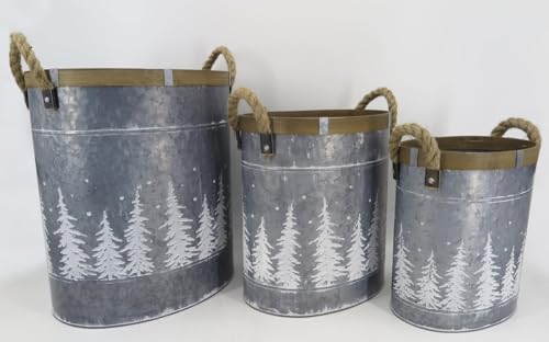212 Main Rope Handles Brown Trim & White Tree Patterns Metal Planters Set of 3