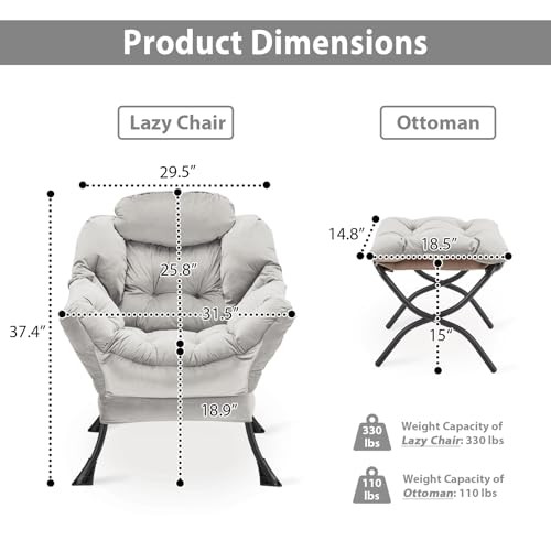 Youtanic YX04-001-LG-F Lazy Chair With Folding Ottoman, Accent Chair Velvet Upholstered With Metal Structure And Non-Slip Pads thumb #2